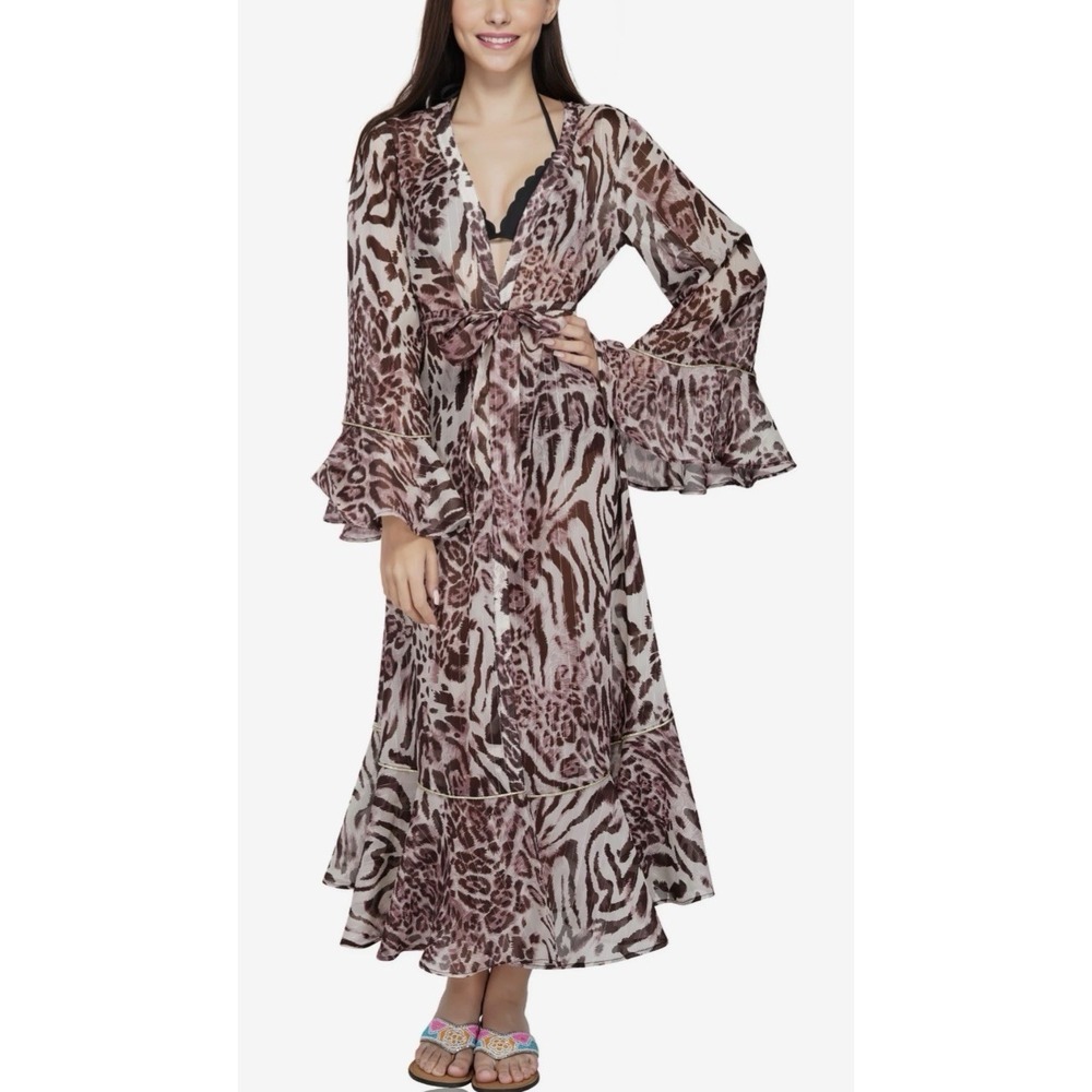 America & Beyond Womens Animal Print Rose Tan Ruffle Trim Robe Tie Kimono